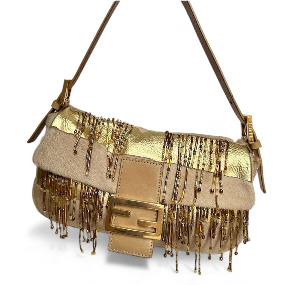RARE Fendi Gold Pony Hair Beaded Fringe Baguette